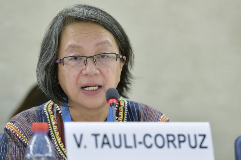 Victoria Tauli-Corpuz, Special Rapporteur on the rights of Indigenous Peoples during the panel the topics Human Rights and climate change. 6 March 2015. UN Photo / Jean-Marc Ferr