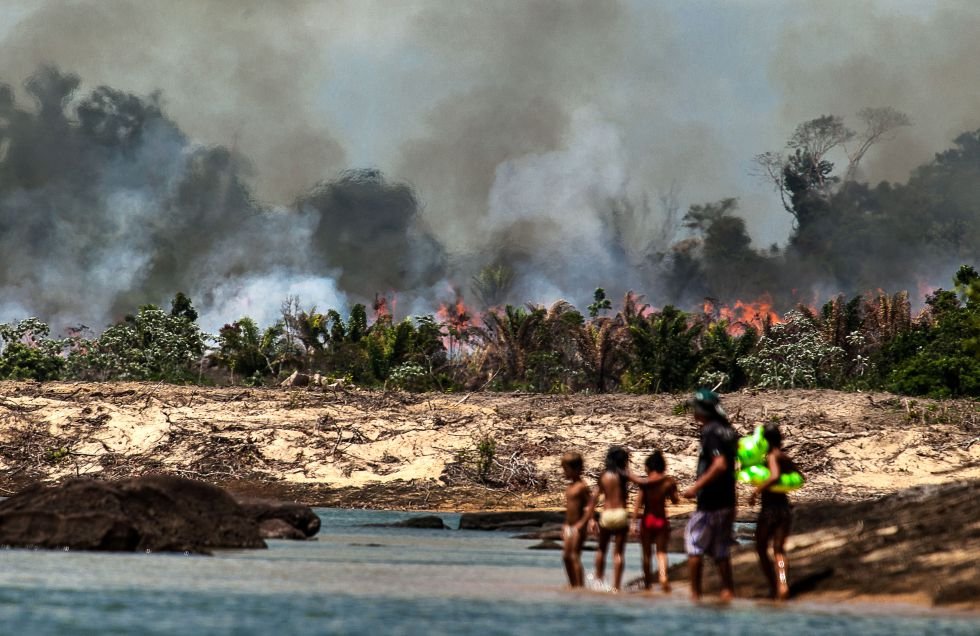 Uma das ilhas do Xingu, desmatada e queimada para o enchimento do lago de Belo Monte. Fotos de Lilo Clareto / El País